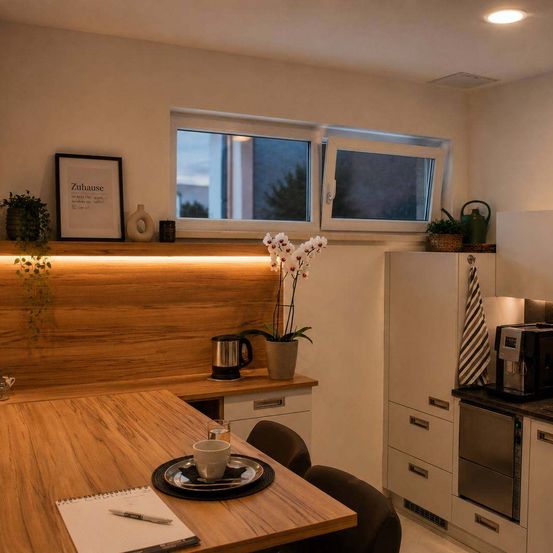 Eine moderne Küche mit Holzschränken, einem weißen Kühlschrank, einer Kaffeemaschine, einem Teller, einem Notizbuch und einem Stift auf einem Tisch, einer Pflanze und einem Fenster mit Blick auf Bäume.