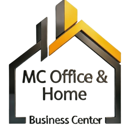 Ein 3D-gerendertes Bild eines stilisierten Hauses mit MC Office & Home Business Center Text. Das Dach ist gelb mit schwarzem Rand.
