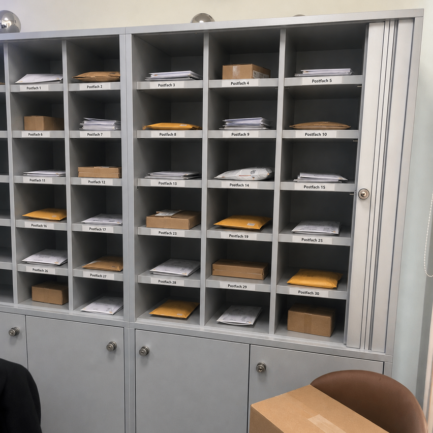 Ein grauer Schrank mit mehreren Fächern, die mit Postfach 1 bis Postfach 30 beschriftet sind. Jedes Fach enthält Umschläge und Kartons, einige sind gelb und andere braun.