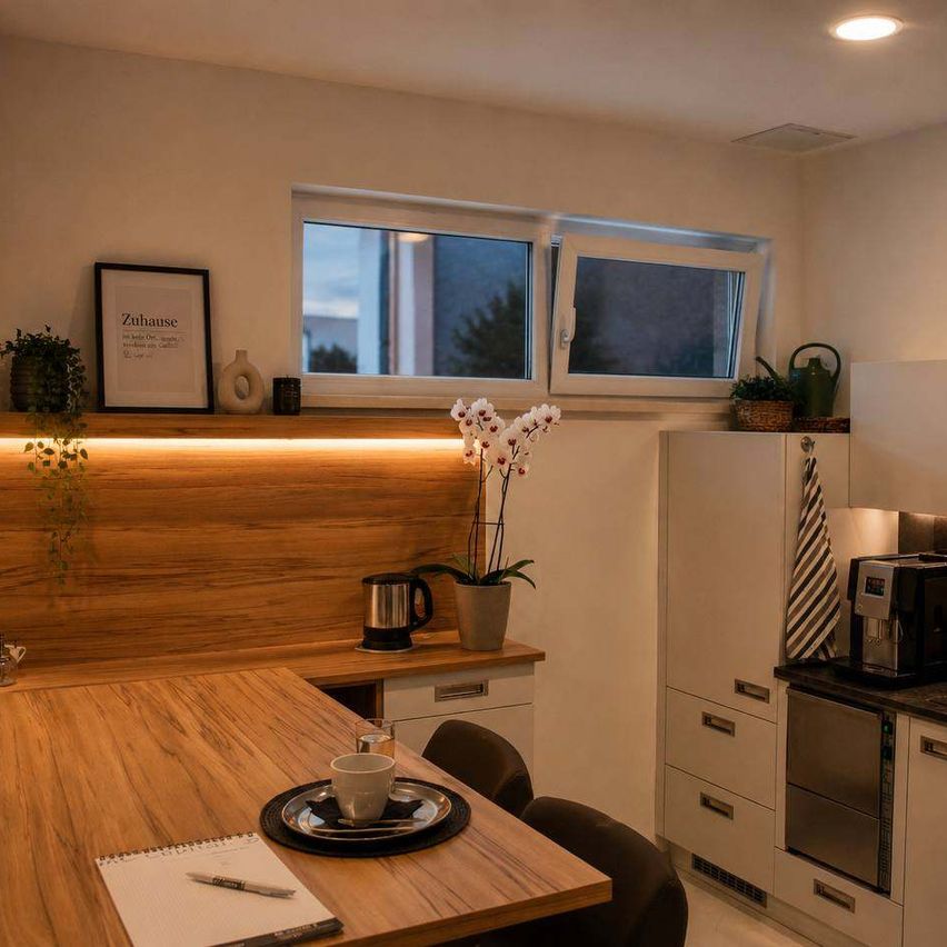 Eine Küche mit einem Holztisch, einer Tasse und einem Notizbuch. Ein Fenster mit einer Vase mit Blumen auf der Fensterbank. Ein Kühlschrank und eine Kaffeemaschine auf der rechten Seite.