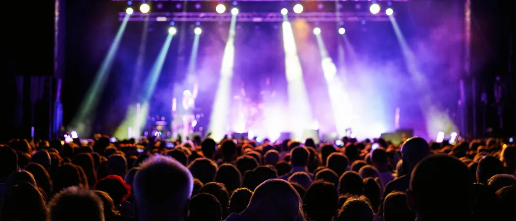 Eine große Menschenmenge versammelt sich für ein nächtliches Konzert, beleuchtet von leuchtenden Bühnenlichtern. Das Publikum ist vielfältig, mit Menschen verschiedenen Alters und Hintergründen.