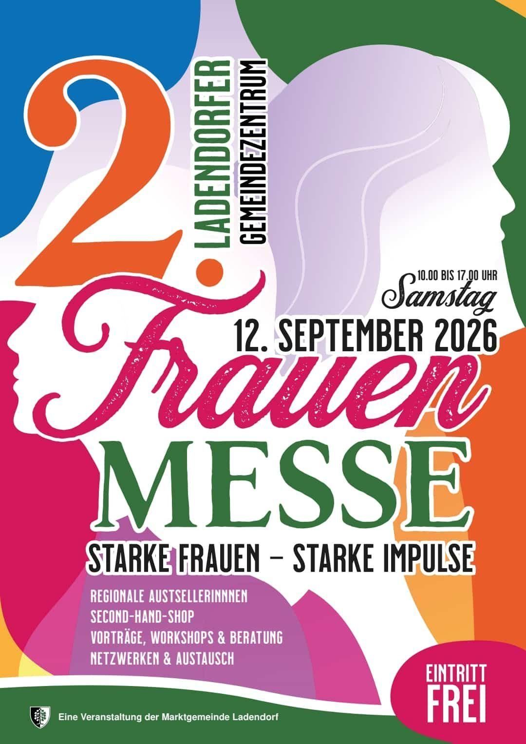 Plakat für die Frauen Messe Veranstaltung am 12. September 2026 mit einer farbenfrohen Silhouette einer Frau und dem Slogan 'Starke Frauen - Starke Impulse'.