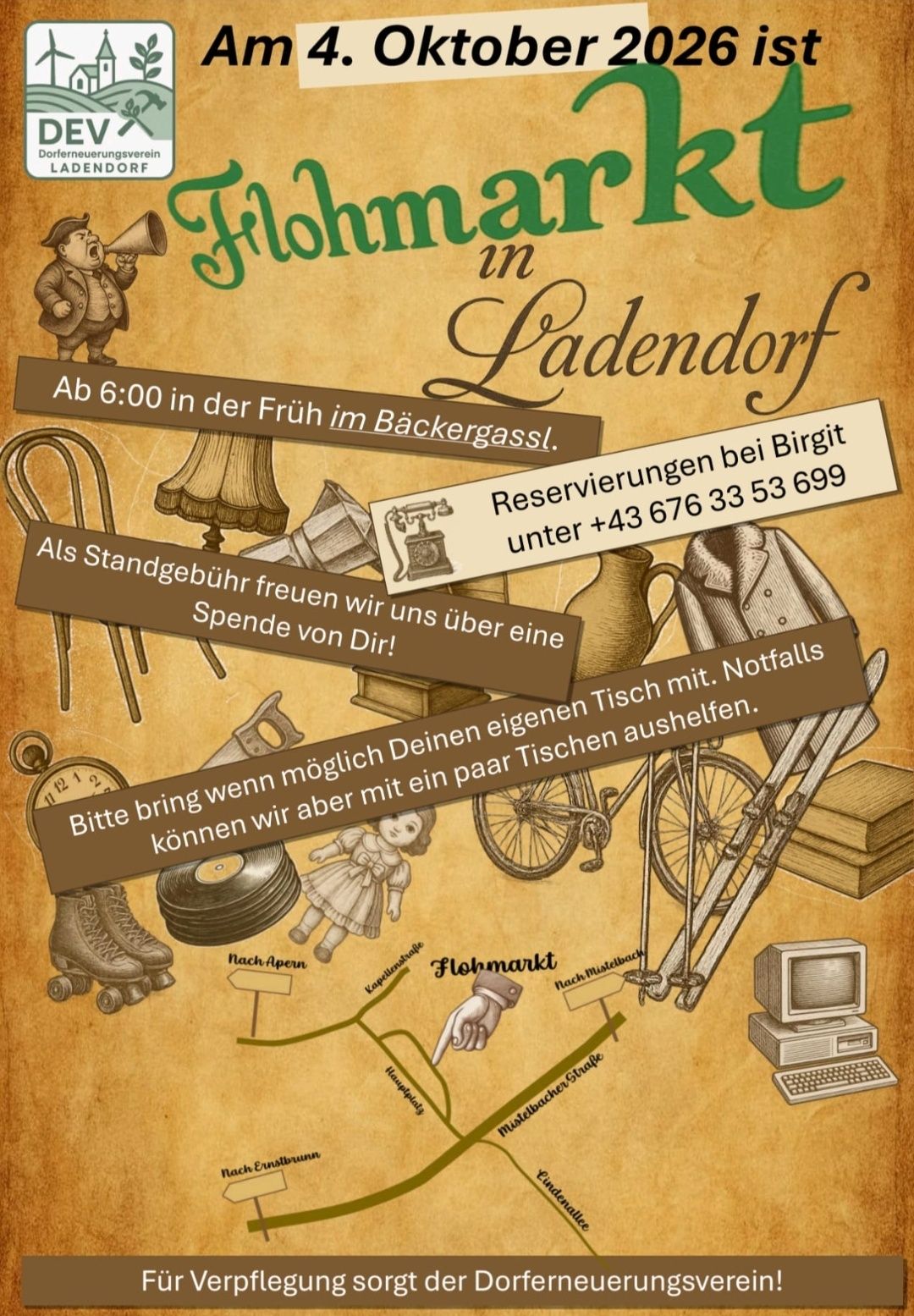 Ein Plakat für einen Flohmarkt in Ladendorf, Deutschland. Es zeigt verschiedene Gegenstände wie eine Lampe, eine Puppe und ein Fahrrad. Der Text lädt dazu ein, eigene Gegenstände zum Verkauf mitzubringen.