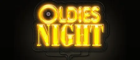Ein Neonschild mit den Worten 'Oldies Night' auf schwarzem Hintergrund. Das Schild ist mit gelbem Licht beleuchtet und hat eine kreisförmige Form mit schwarzem Umriss.