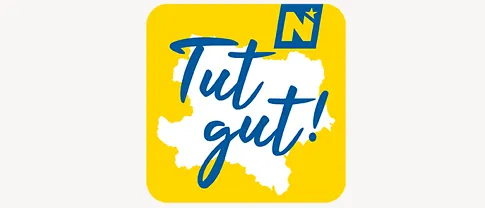 Ein gelbes Quadrat mit einer weißen Landkarte und dem Wort Tut gut! in Blau.
