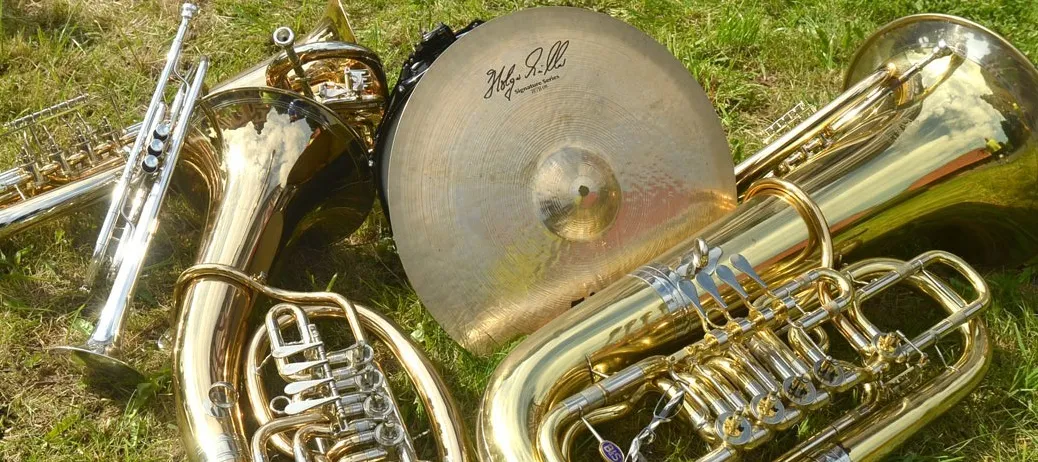 Eine Sammlung von Blechblasinstrumenten, einschließlich Trompeten, Posaunen und Tuben, liegt auf einem Grasfeld.