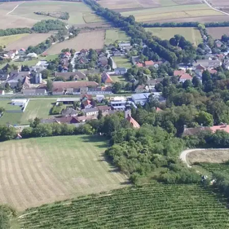 Eine Luftaufnahme einer ländlichen Stadt mit vielen Häusern, Bäumen und einem großen Feld.