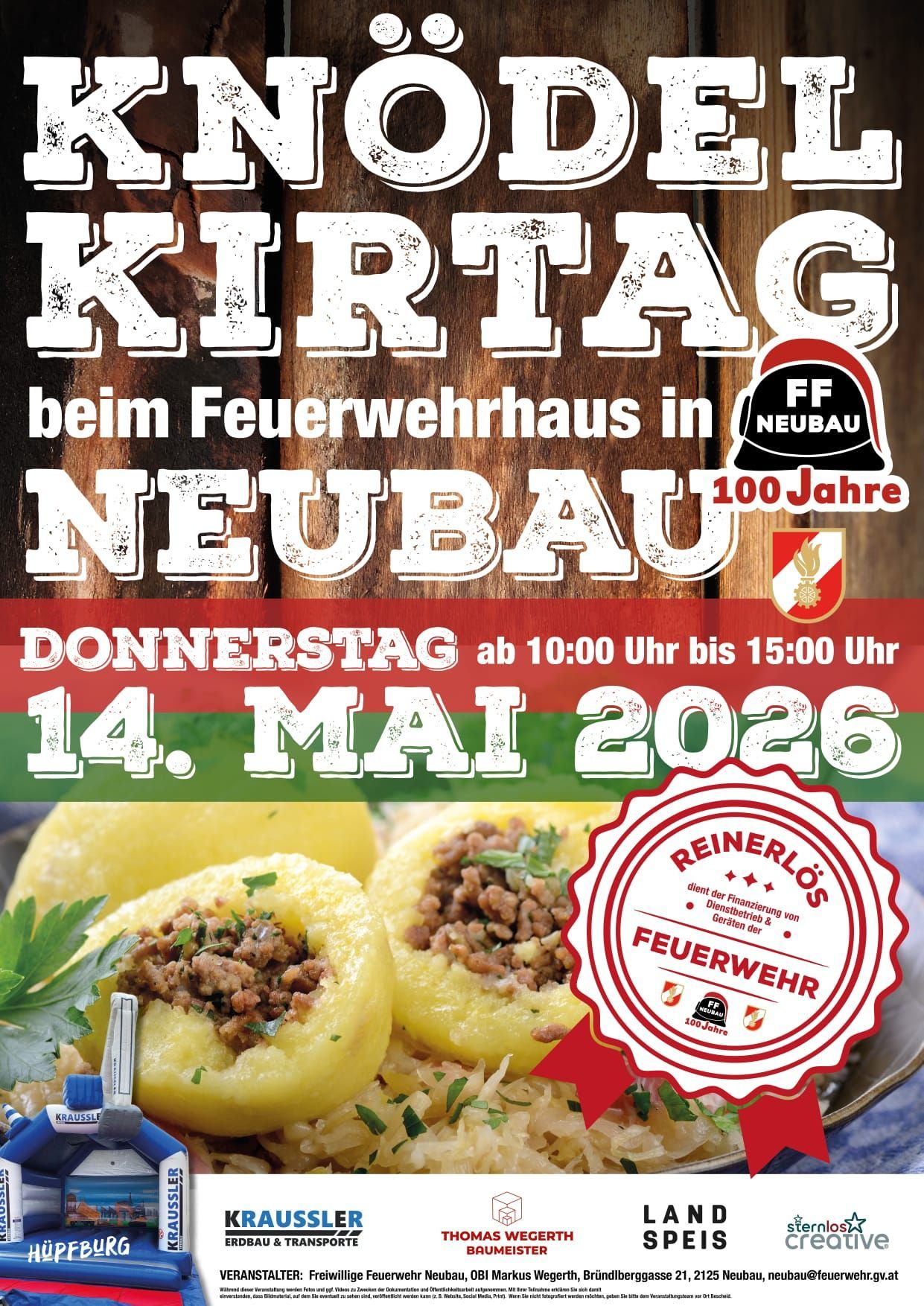 Werbeplakat für ein Fest beim Feuerwehrhaus in Neubau zum 100-jährigen Jubiläum. Das Event findet am Donnerstag, 14. Mai 2026 von 10:00 bis 15:00 Uhr statt. Mit Essen und einem Logo von Reinerlos.