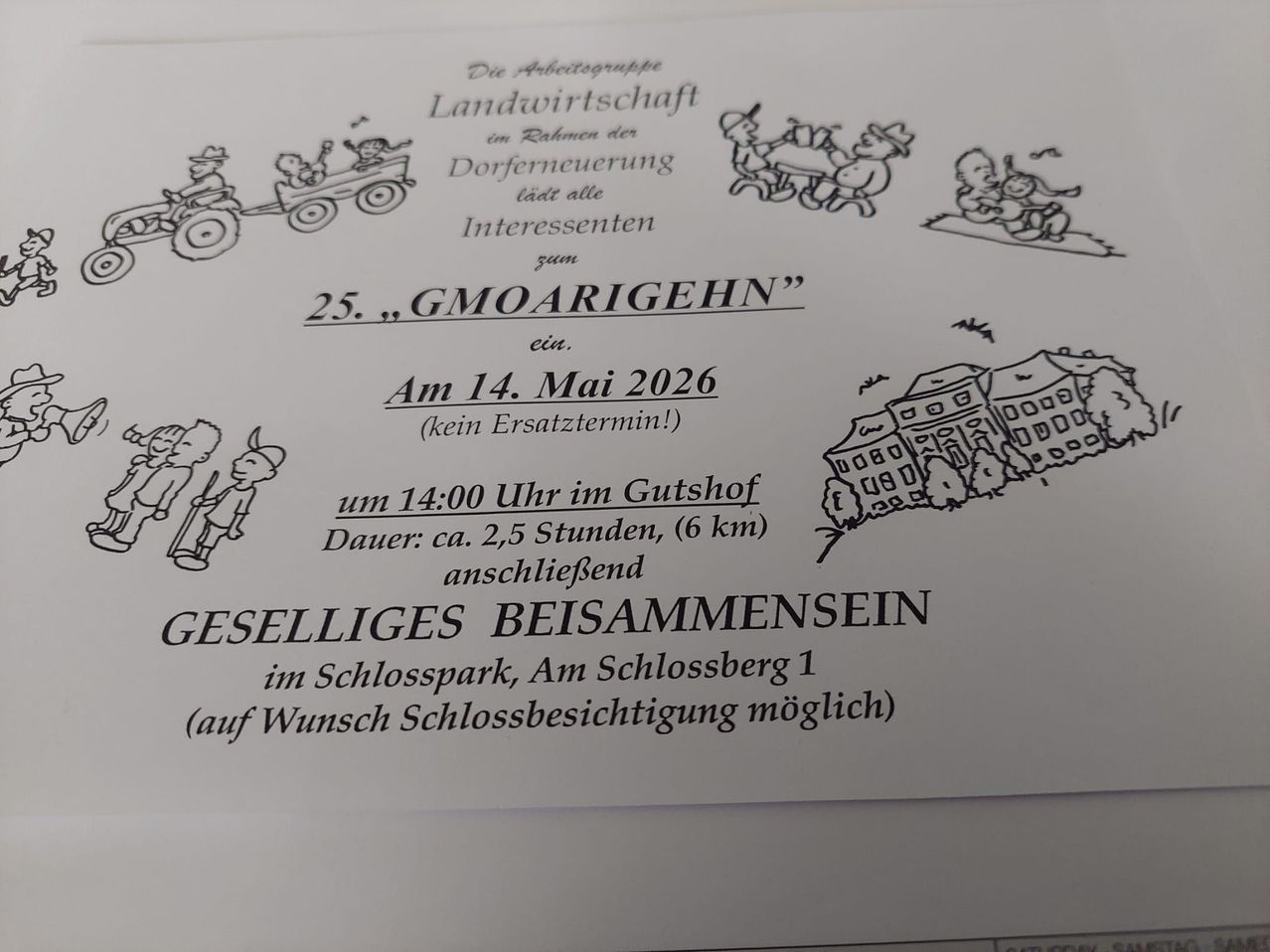 Eine Einladung zu einem geselligem Treffen am 14. Mai 2026 um 14:00 Uhr im Gutshof. Die Veranstaltung dauert ca. 2,5 Stunden und legt 6 km zurück. Ein Schlossbesuch ist optional.