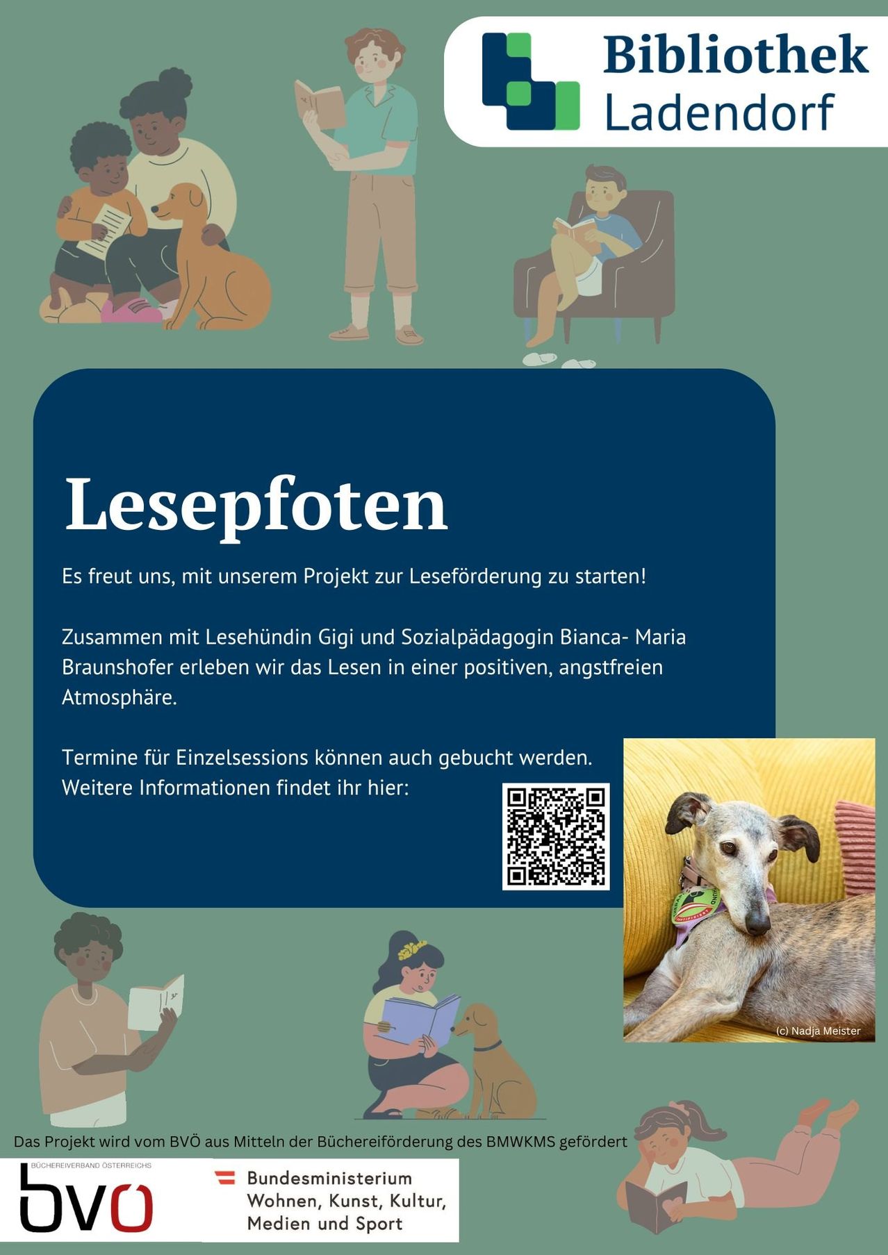 Eine Werbung für ein Leseförderungsprojekt mit einem Hund, einem QR-Code und Illustrationen von Menschen, die mit Hunden lesen.