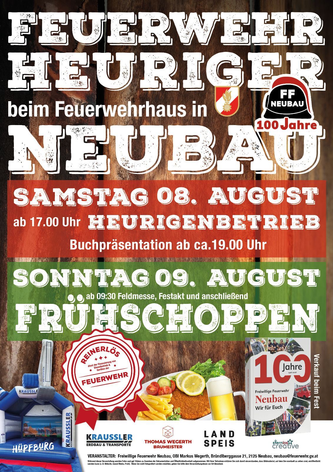 Plakat für das 100-jährige Jubiläum der Feuerwehr in Neubau, mit Terminen und Aktivitäten für den 8. und 9. August, einschließlich einer Buchpräsentation und einer Feldmesse.