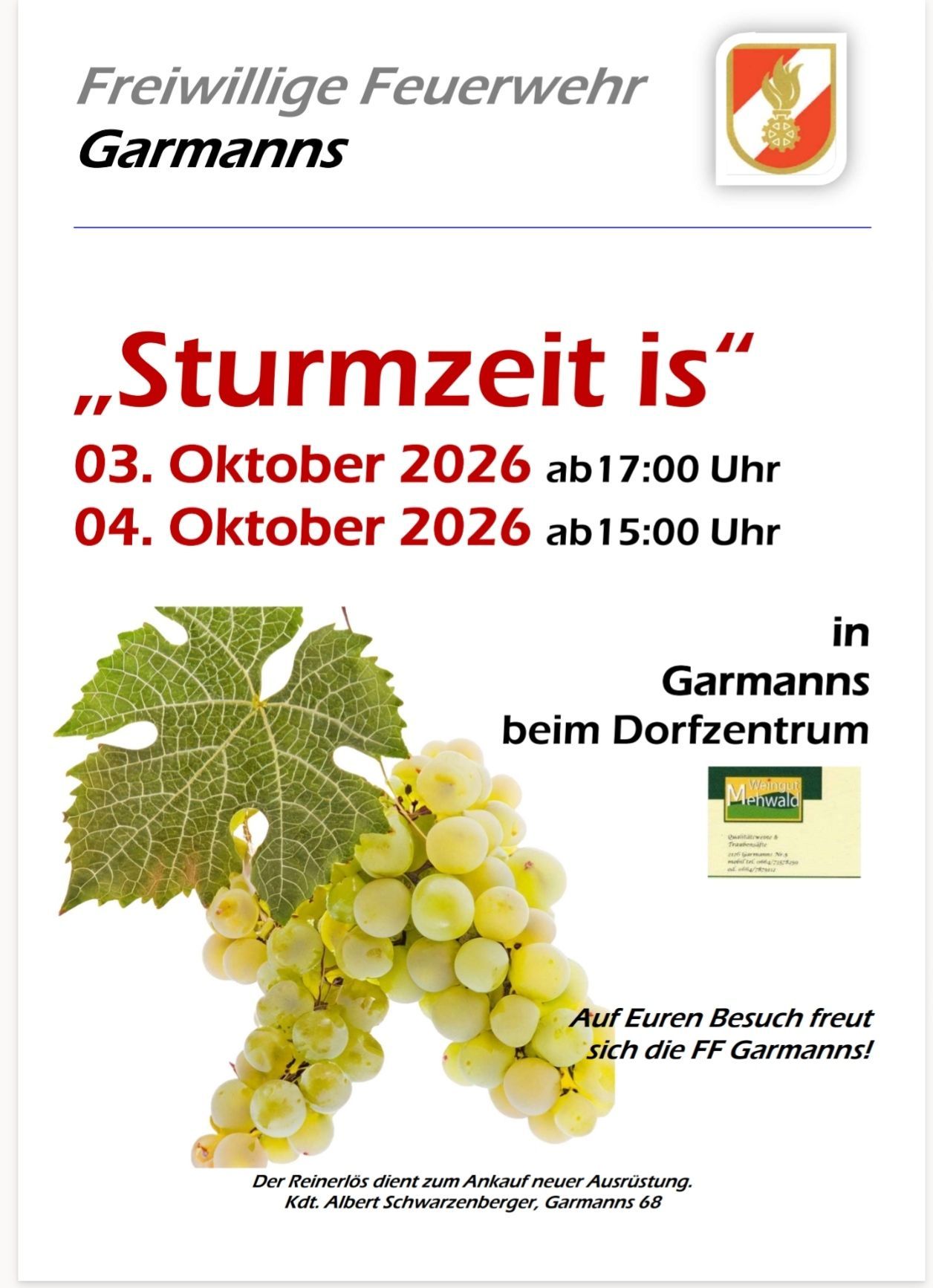 Plakat für die Veranstaltung 'Sturmzeit is' am 3. und 4. Oktober 2026 bei Garmanns im Dorfzentrum. Zeigt eine Traube.