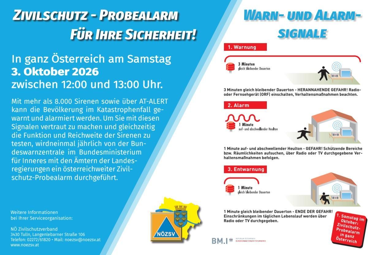 Ein Informationsposter über einen Zivilschutz-Probealarm in Österreich am 3. Oktober 2026 zwischen 12:00 und 13:00 Uhr. Es erklärt den Zweck des Alarms und wie man auf verschiedene Signale reagiert.