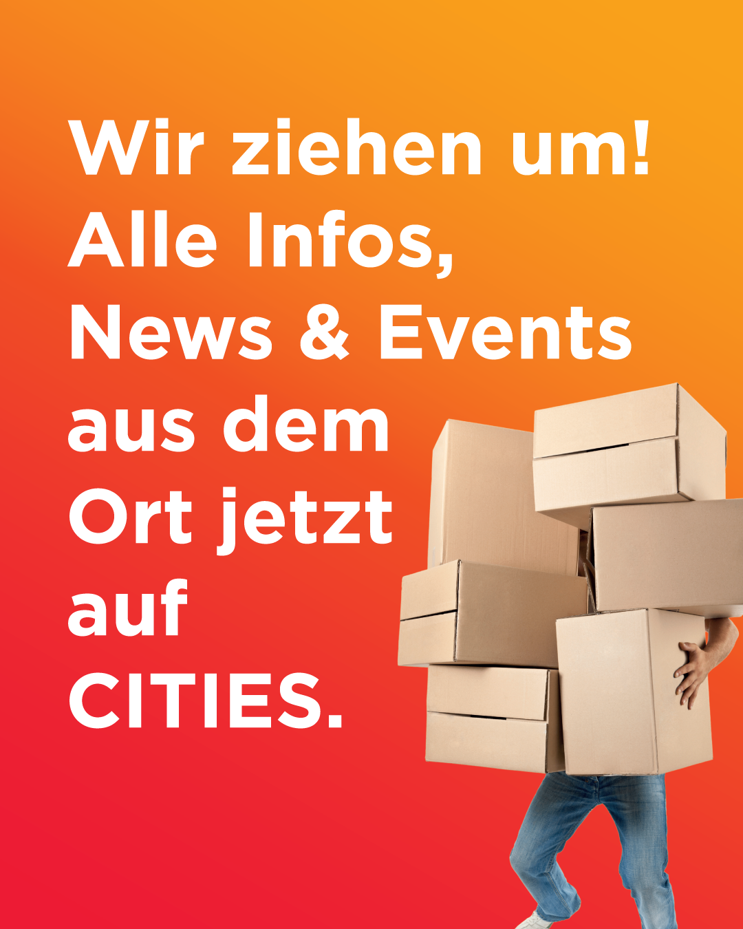Eine Person, die einen Stapel von Kartons auf dem Rücken trägt, vor einem roten und orangefarbenen Hintergrund.