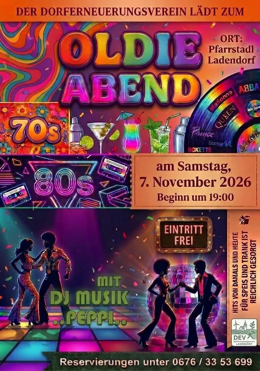 Ein Plakat für eine Veranstaltung namens 'Oldie Abend', mit einer lebhaften Collage von 70er und 80er Musik- und Tanzthemen, mit einem Paar, das vor einer Discokugel tanzt, und einem Schild für freien Eintritt.