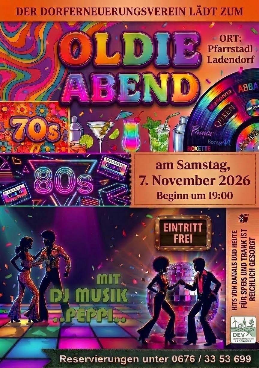 Ein Plakat für eine Veranstaltung namens 'Oldie Abend', mit einer lebhaften Collage von 70er und 80er Musik- und Tanzthemen, mit einem Paar, das vor einer Discokugel tanzt, und einem Schild für freien Eintritt.