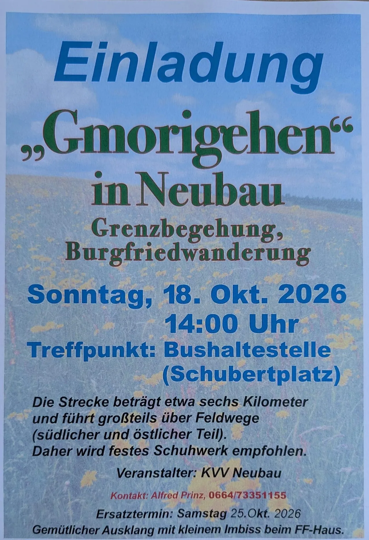Ein Plakat für eine Veranstaltung namens 'Einladung Gmoriggehen' in Neubau. Das Plakat enthält Details zum Veranstaltungsdatum, zur Zeit und zum Ort.