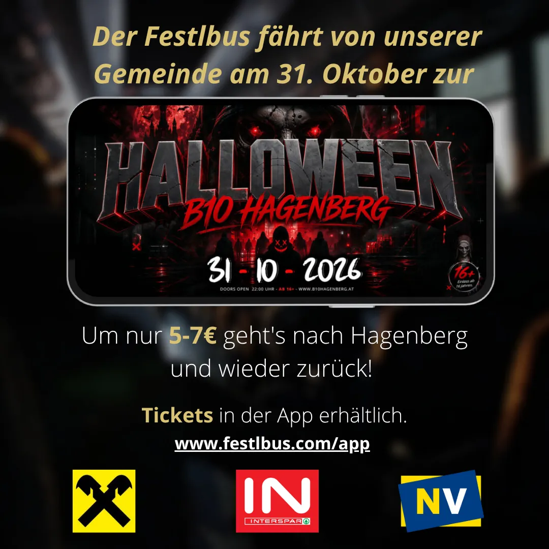 Ein Plakat für das Halloween B10 Hagenberg Event am 31. Oktober 2016 mit einem gruseligen Gesicht und dem Text 'Tickets in der App'.