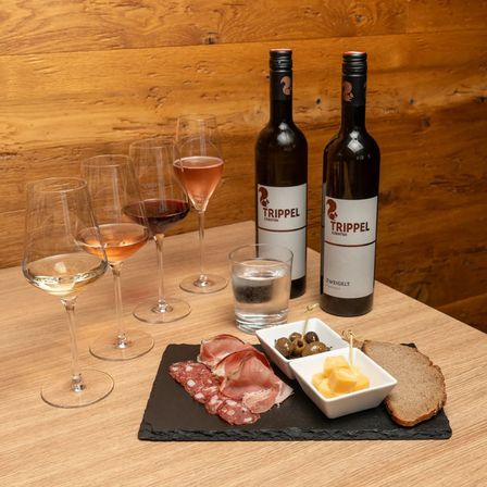 Ein Holztisch zeigt zwei Weinflaschen, vier Weingläser, ein Glas Wasser und eine Schieferplatte mit Käse, Oliven und Fleisch.