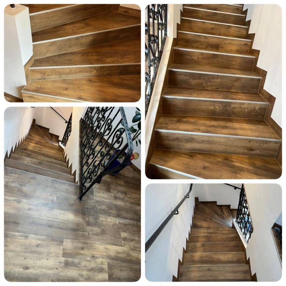 A collage of four images showcasing a staircase with wooden steps and black railings. The steps have a warm, rustic appearance.