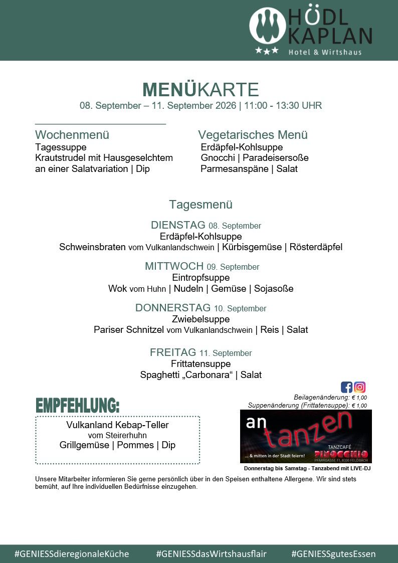 Menu card for the week from September 8 to 11, 2026, featuring daily vegetarian and non-vegetarian options, including soups, salads, and pasta dishes. Special mention of a Vulkanland Kebab Teller and a recommendation for a Friday evening event.
