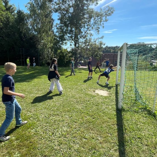Eine Gruppe von Kindern spielt Fußball auf einem Rasenfeld. Ein Junge in einem blauen Trikot versucht zu treffen.