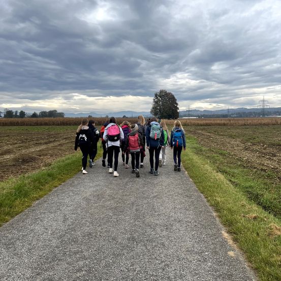 Eine Gruppe von Wanderern geht auf einem Kiesweg durch eine ländliche Landschaft mit bewölktem Himmel und fernen Bergen.
