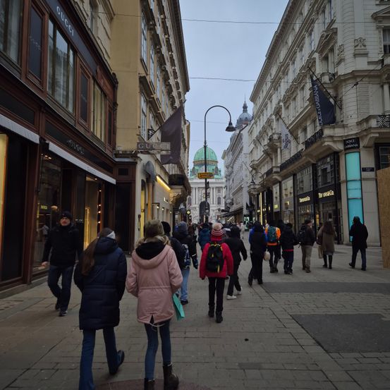 Eine belebte Stadtstraße mit Menschen, die gehen. Auf beiden Seiten befinden sich mehrere Geschäfte und eine grüne Kuppel ist in der Ferne sichtbar.