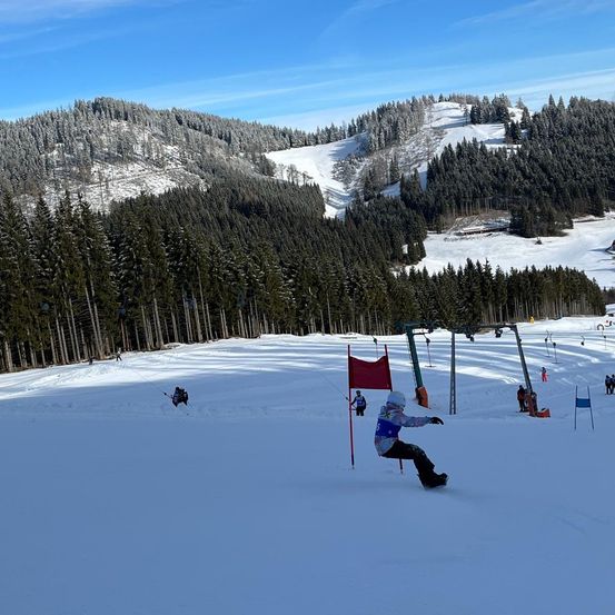 Snowboard-Wettkampf in einem verschneiten Berg. Skifahrer navigieren durch Tore. Bäume und Berge im Hintergrund.