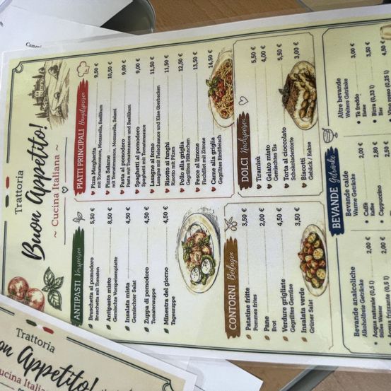 Menü eines italienischen Restaurants mit Abschnitten für Antipasti, Primi Piatti, Secondi Piatti, Contorni und Dolci, mit Preisen und Beschreibungen der Gerichte.