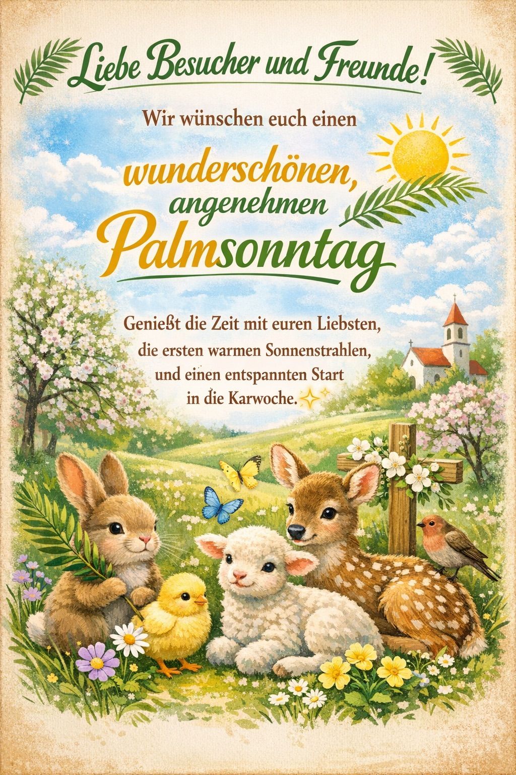Postkarte zum Palmsonntag mit Illustrationen eines Kaninchens, eines Lamms, eines Rehs und eines Kükens. Es steht 'Genießt die Zeit mit euren Lieben, die ersten warmen Sonnenstrahlen und einen entspannten Start in die Karwoche.'