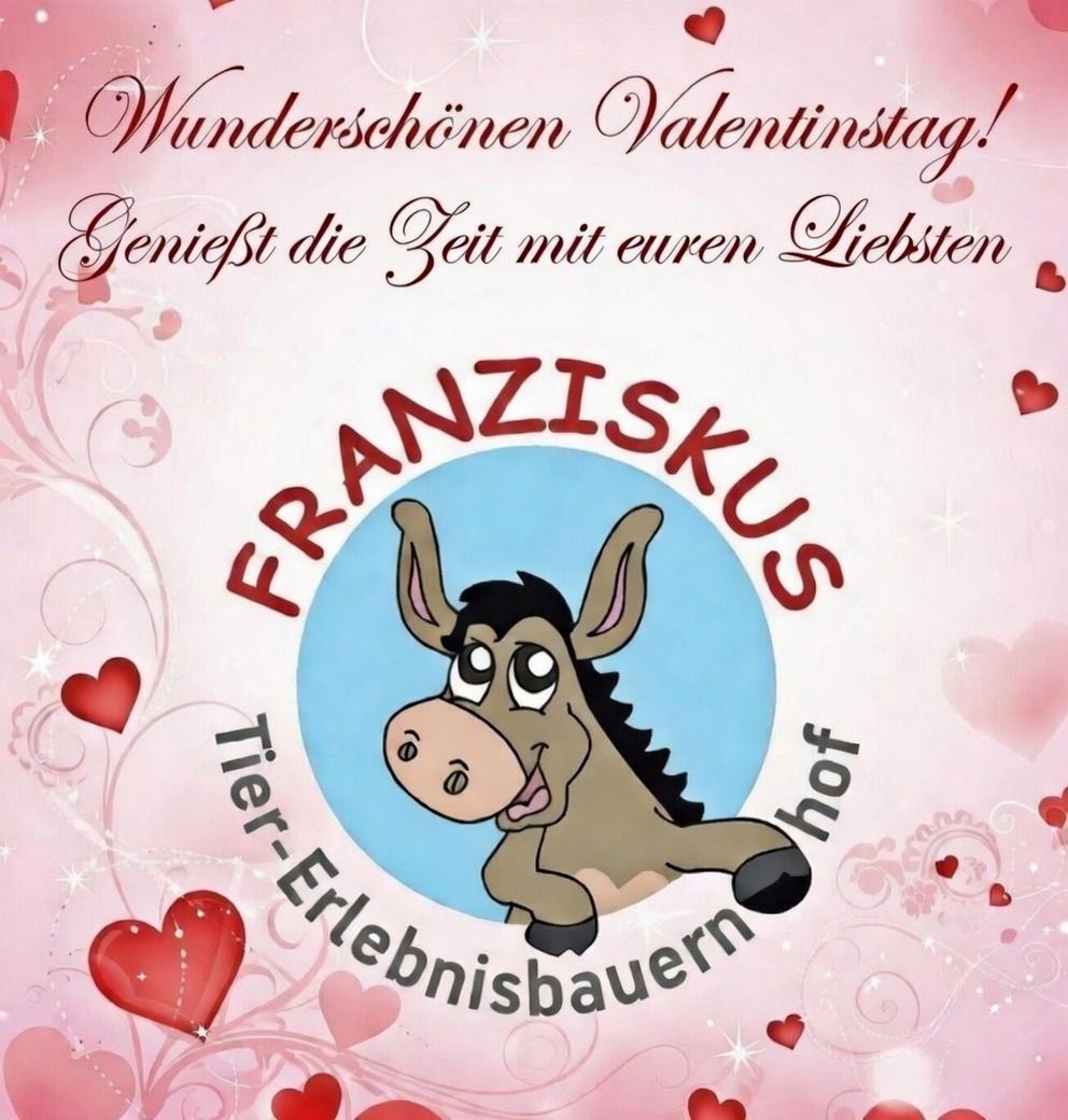 A Valentine's Day card featuring a donkey with the text 'Wunderschönen Valentinstag!' Adorned with hearts, it encourages enjoying time with loved ones.