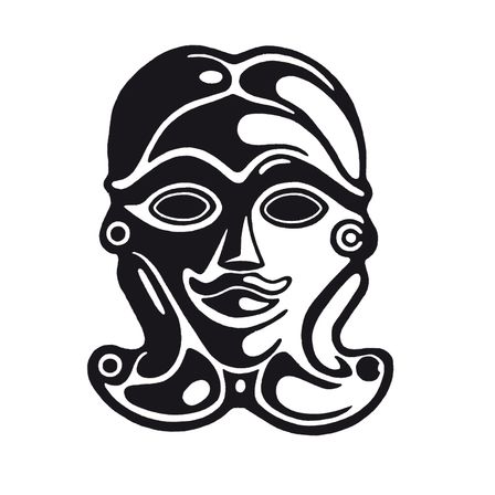 Eine schwarz-weiße Illustration einer Maske mit Kopfbedeckung, die ein stilisiertes Gesicht mit großen, runden Augen und einer länglichen Nase zeigt.