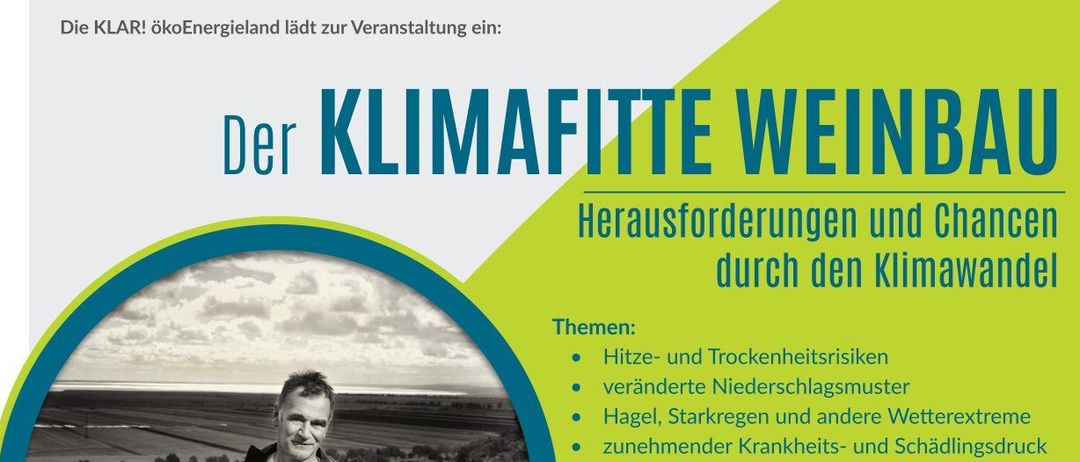 Plakat mit einem Mann im Weinberg. Behandelt Klimawandel-Auswirkungen auf Weinqualität. Sprecher ist Josef "Pepi" Umathm. Veranstaltung am 30. Jan 2026.