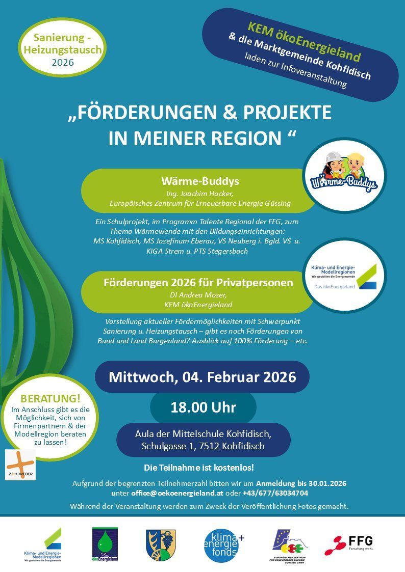Ein Veranstaltungsplakat bewirbt eine Beratung zu Förderungen und Projekten in der Region. Es enthält Details zu einem Schulprojekt über Energieeffizienz, eine Präsentation zu verfügbaren Fördermöglichkeiten und einen Termin für das Treffen am 4. Februar 2026 um 18:00 Uhr.