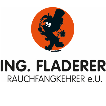 Ein Logo mit einer Silhouette einer Katze, die einen Löwenzahn in einem runden orangefarbenen Hintergrund hält. Der Text lautet ING. FLADERER RAUCHFANGEKEHRER e.U.