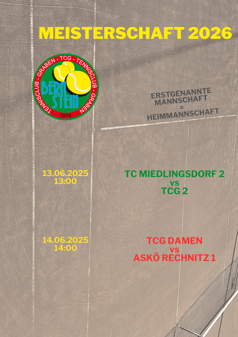 Ein Tennisspielplan zeigt TC Miedlingsdort 2 gegen TCG 2 am 13.06.2025 um 13:00 und TCG Damen gegen Asko Rechnitz 1 am 14.06.2025 um 14:00.