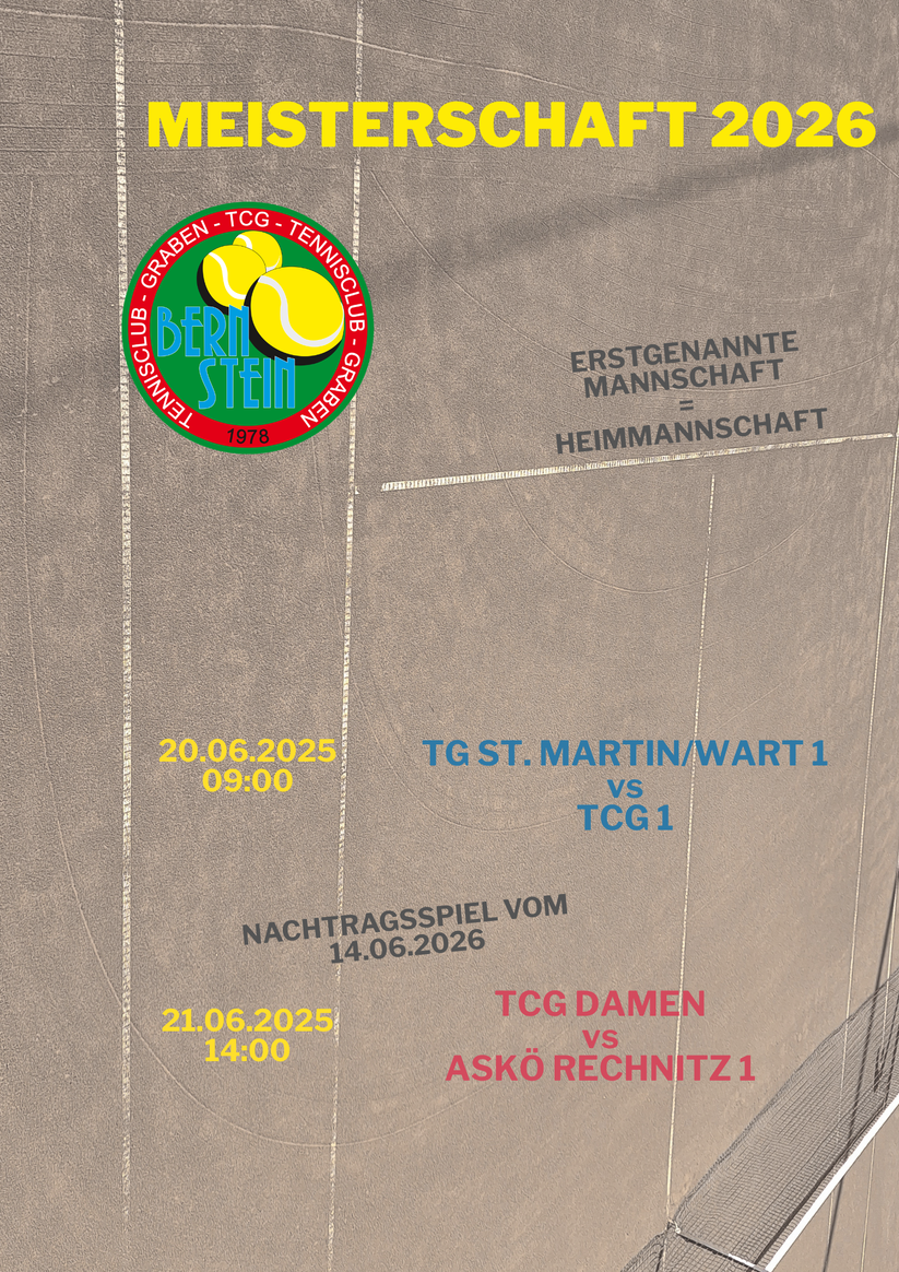 Ein Sportereignisplan zeigt Spiele zwischen TCG 1 und St. Martin/Wart 1 am 20. Juni 2025 und zwischen TCG Damen und Asko Rechnitz 1 am 21. Juni 2025.