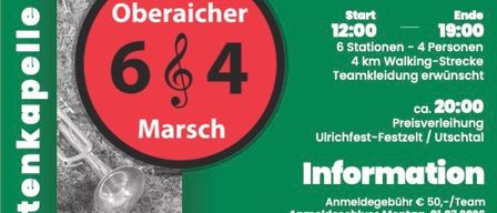 Oberaicher Musikvereinsmarsch am 04. Juli 2026. Beginn 12:00, Ende 19:00. Anmeldegebühr 50 Euro pro Person. Weitere Infos auf tk-oberaich.at.