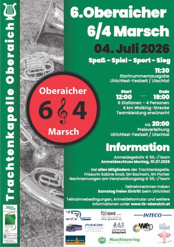 Ein Plakat für die Oberaicher 6/4-Marsch. Es zeigt Musikinstrumente, eine Trompete und einen Posaunen, mit Texten auf Deutsch über eine Wanderveranstaltung am 4. Juli 2026.