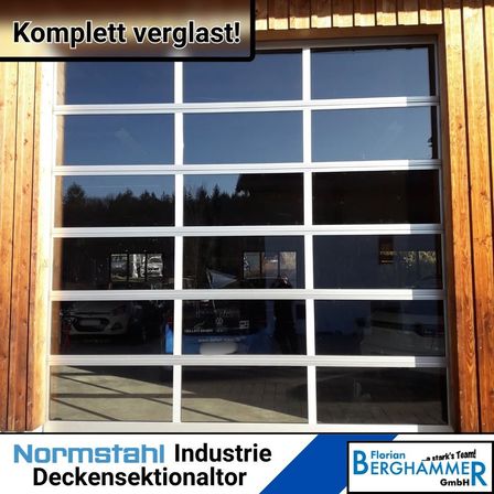 Eine vollständig verglaste Garagentür mit hölzernerahmen und einer Reflexion von Auto und Bäumen. Der Text 'Komplett verglast!' ist oben.