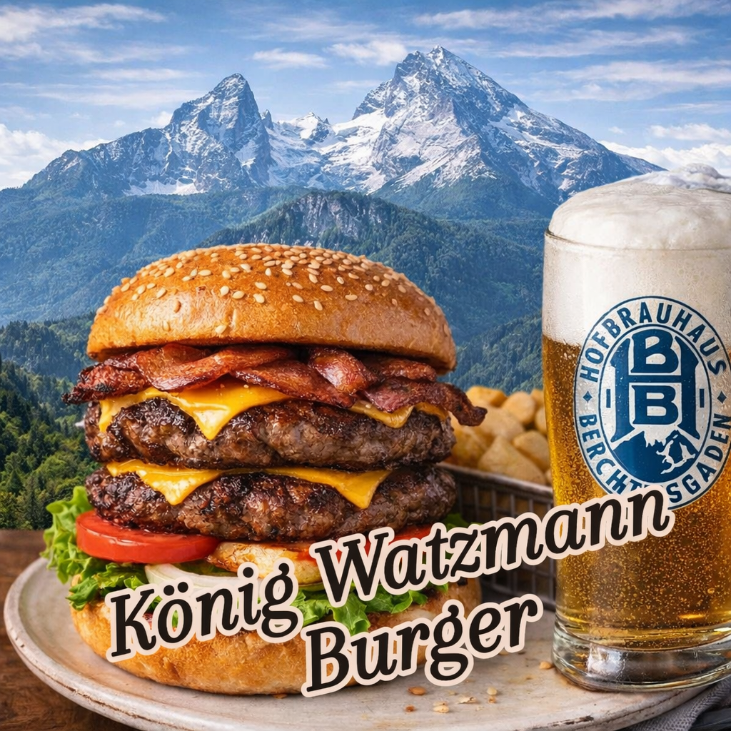 Ein großer Burger mit mehreren Rinderpatties, Speck und Käse, begleitet von einem Glas Bier, vor einer Bergkulisse.