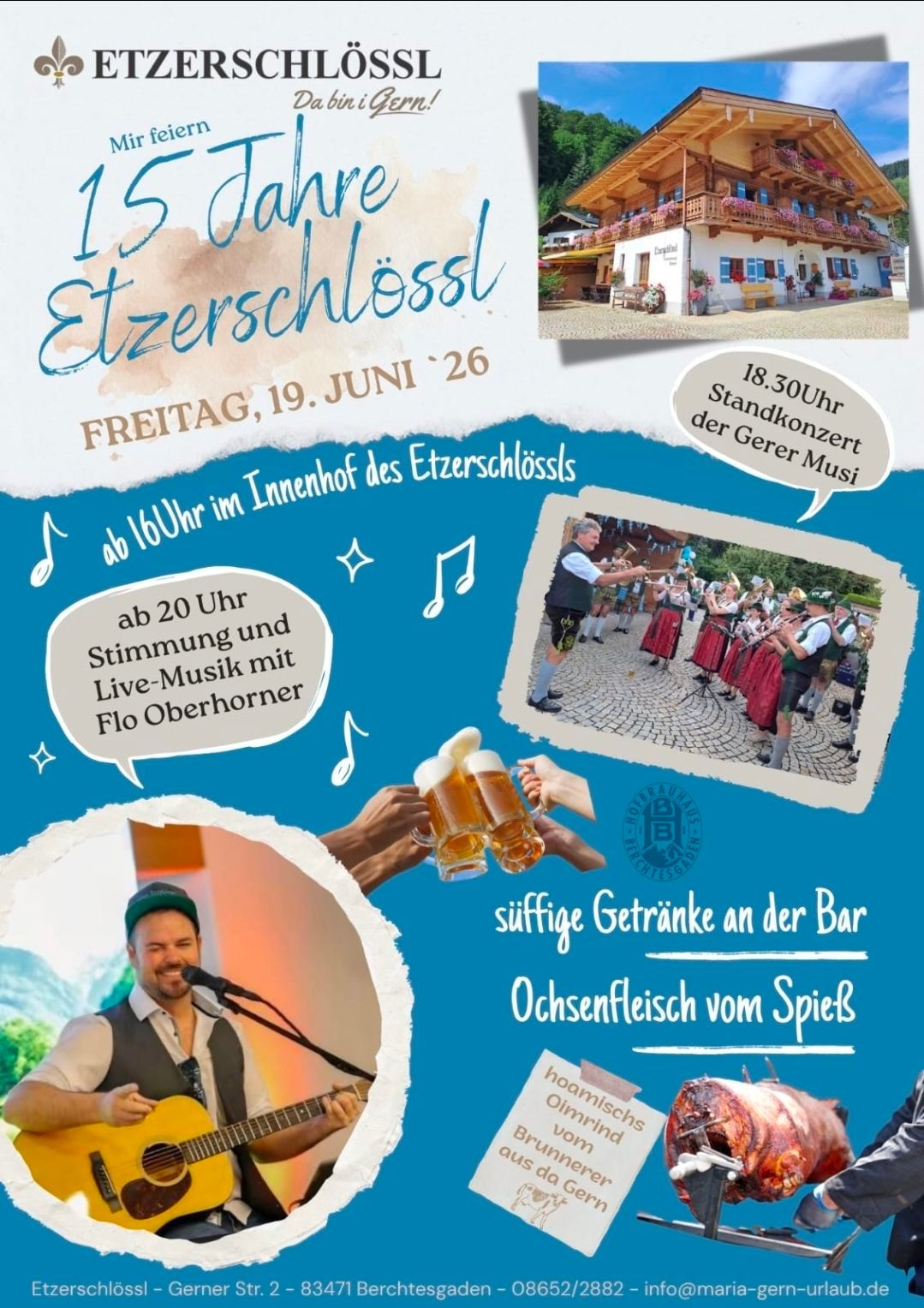 A poster advertising the 15th anniversary of Etzeschloss on June 19. Music, food, and drinks are offered in the courtyard of the Etzeschloss.