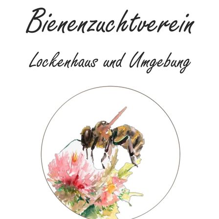 Ein weißer Hintergrund zeigt das Logo des Bienenzuchtvereins Lockenhaus und Umgebung. Das Logo zeigt eine Biene, die auf einer rosa Blume sitzt, mit dem Textüberlagerung 'Bienenzuchtverein Lockenhaus und Umgebung.'