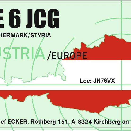 Karte von Österreich/Europa mit markiertem Standort JN76VX, zeigt Region Steiermark und Adresse von Josef ECKER, Rothberg 151, A-8324 Kirchberg.