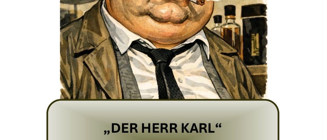 Eine Illustration eines Mannes mit einer Zigarre im Mund, der einen Hut und Mantel trägt. Es steht: 'Der Herr Karl' von Merz und Qualtinger, 1961, neu interpretiert von Hans Christian Mattes. Wann: 19. Juli 2026, Wo: das Mittendrin, Scheunengasse 32, 2492 Zillingdorf.