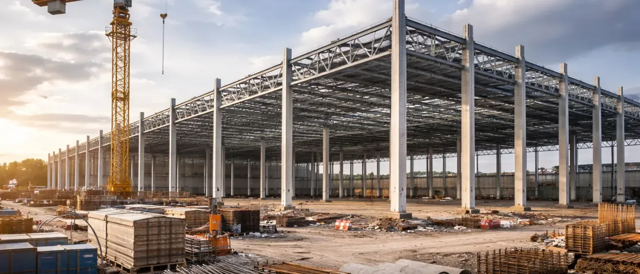 Ein aktiver Bauplatz mit einer großen Metallstruktur im Aufbau. Ein gelber Kran steht im Hintergrund. Verschiedene Materialien und Geräte sind auf der Baustelle verstreut.