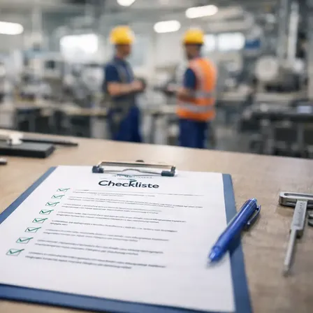 Eine Checkliste auf einem Klemmbrett auf einem Schreibtisch mit Werkzeugen und Sicherheitsausrüstung im unscharfen Fabrikhintergrund. Zwei Männer in gelben Helmen stehen im Hintergrund.