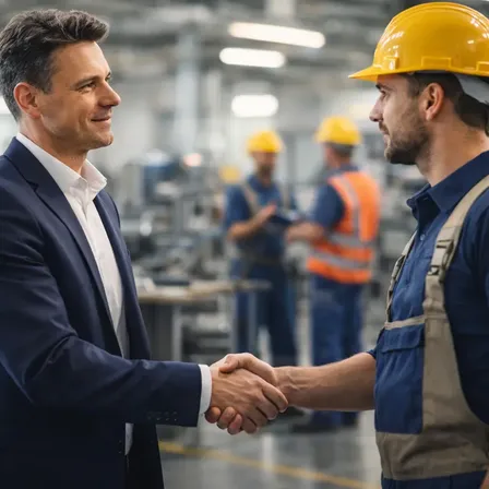 Zwei Männer, einer im Anzug und der andere mit einer Schutzhelm, schütteln sich die Hände in einer Fabrik. Im Hintergrund sind andere Arbeiter, ebenfalls mit Schutzhelmen, beschäftigt.