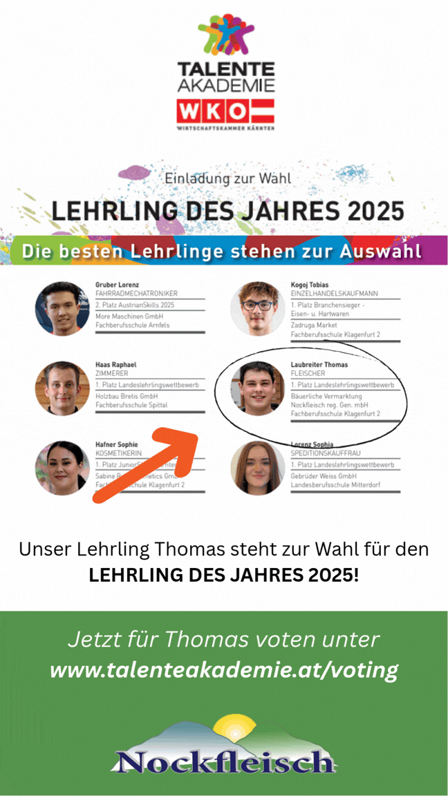 Poster advertising the 'Apprentice of the Year 2025' with six candidates and their professions. The candidates are highlighted with their names, professions, and schools. The focus is on 'Laubreiter Thomas', a butcher. The poster encourages voting for Thomas.